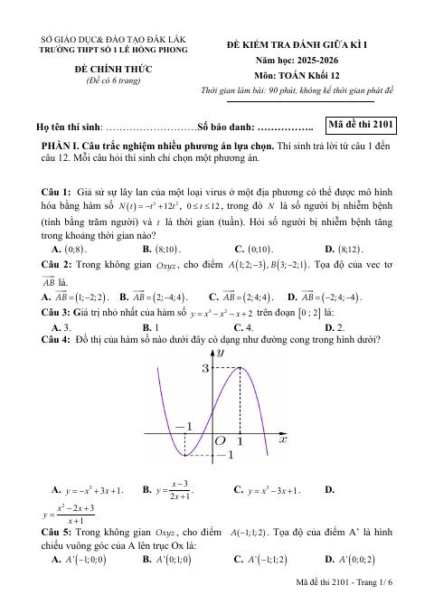 Đề thi Giữa kì 1 Toán 12 năm 2025-2026 trường THPT số 1 Lê Hồng Phong (Đắk Lắk)